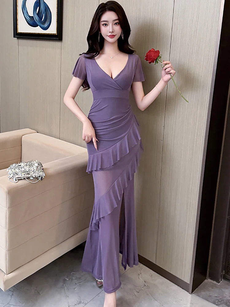 2026 Purple Mesh Short Sleeve V-Neck Long Dress Summer Elegant Bodycon Ruffled Casual Dress Women Korean Vintage Luxury Vestidos