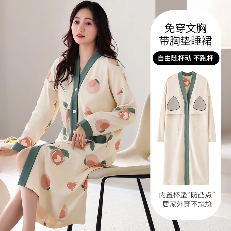 Big Size M-5XL Spring and Autumn Women Nightdress With Chest Pad Femme Knited Cotton Nightwear Floral Nightgown