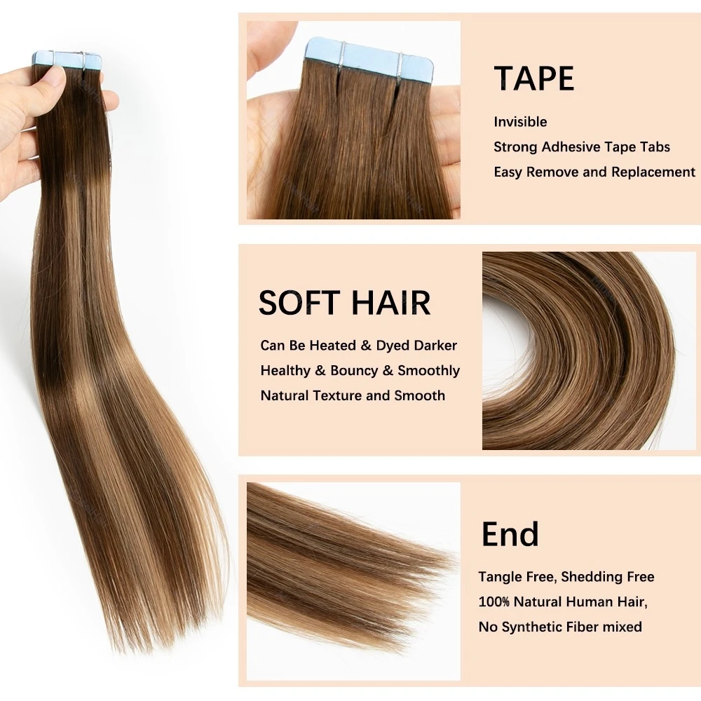 プレミアムレミーテープインエクステンション ナチュラル人毛レミーブラジリアンヘア インビジブルスキンウェフト 20本 14-22インチ 40/50g 染色可能