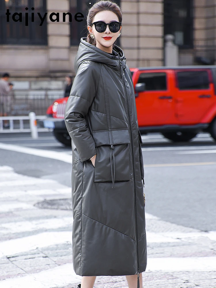 TAJIYANE 100% جلد البقر أوزة أسفل معطف مقنعين طويل سترات من الجلد الحقيقي عالية الجودة سترة منفوخة النساء الملابس الشتوية 2025 П্যাডিং