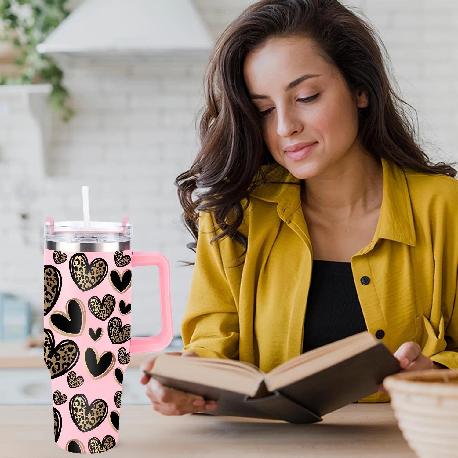 1pc, Best Gifts, Love Flowers Printing Tumbler 40oz - Insulated Stainless Steel Travel Mug with Handle, Lid & Straw - Hand Wash Only - Reusable Pattern - Multipurpose, Non-Slip for Christmas, Father's & Mother's Day Gifts