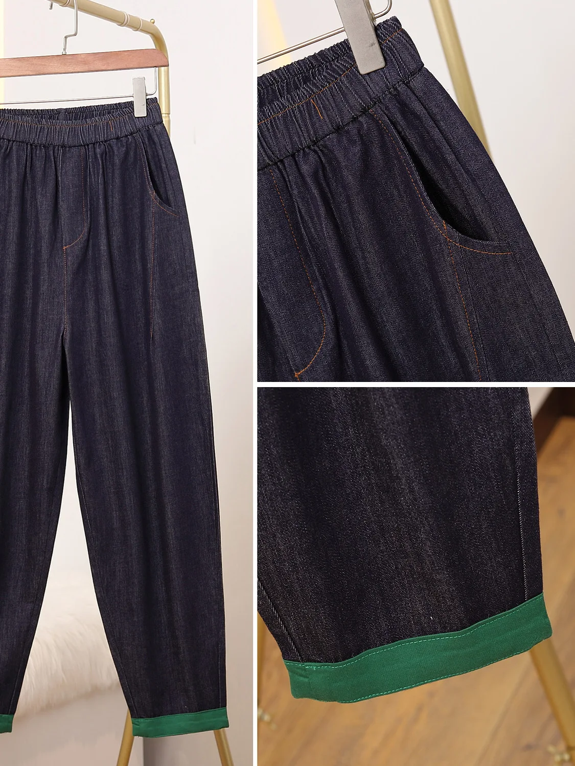 Cintura alta elástica solta pai jeans feminino casual perna reta algodão primavera novo sle nove pontos calças harmônicas