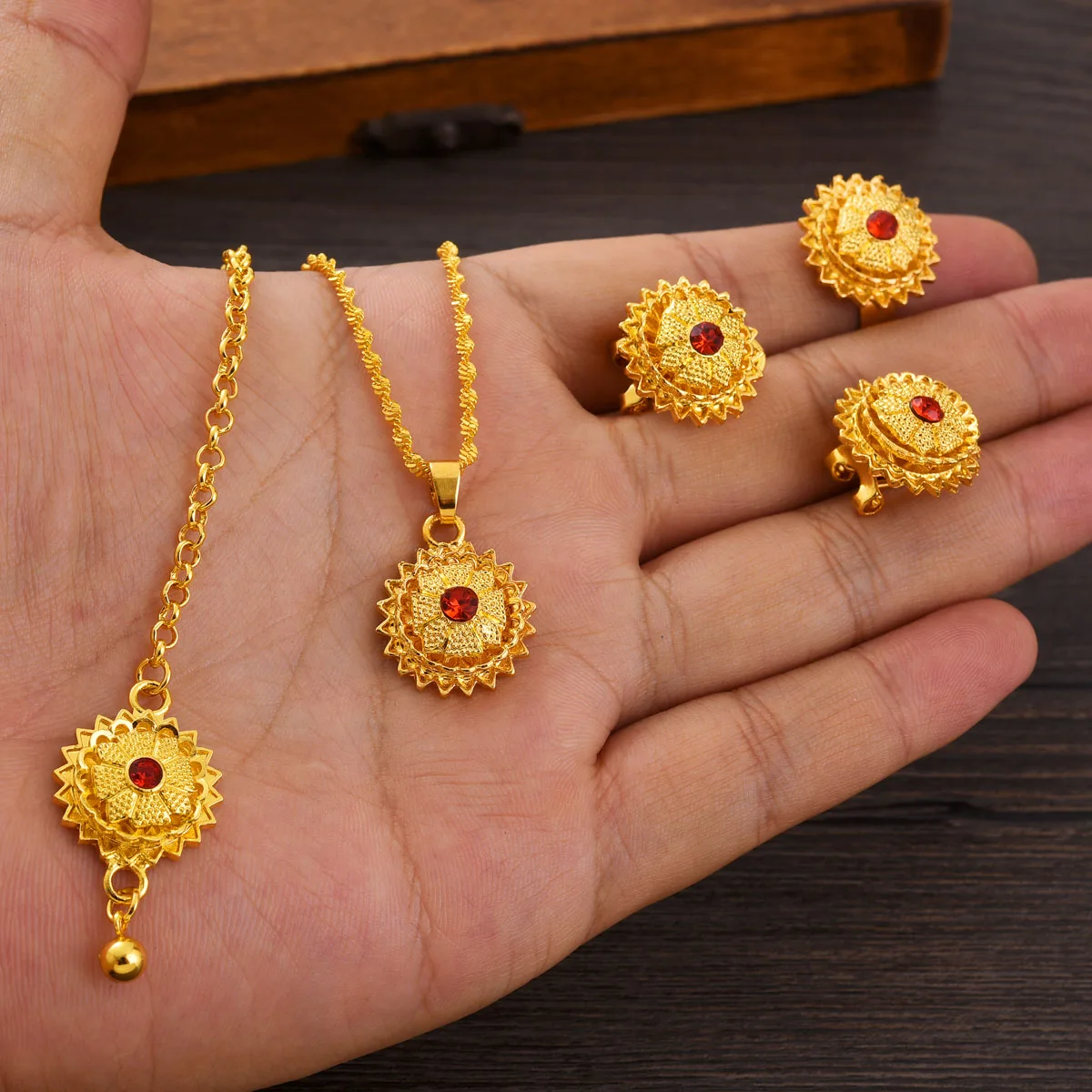 Golden Color Ethiopian Jewelry set Pendant Earrings Ring Head Chain 4-Piece Sets African Eritrean Wedding Engagement Gift #TZ094