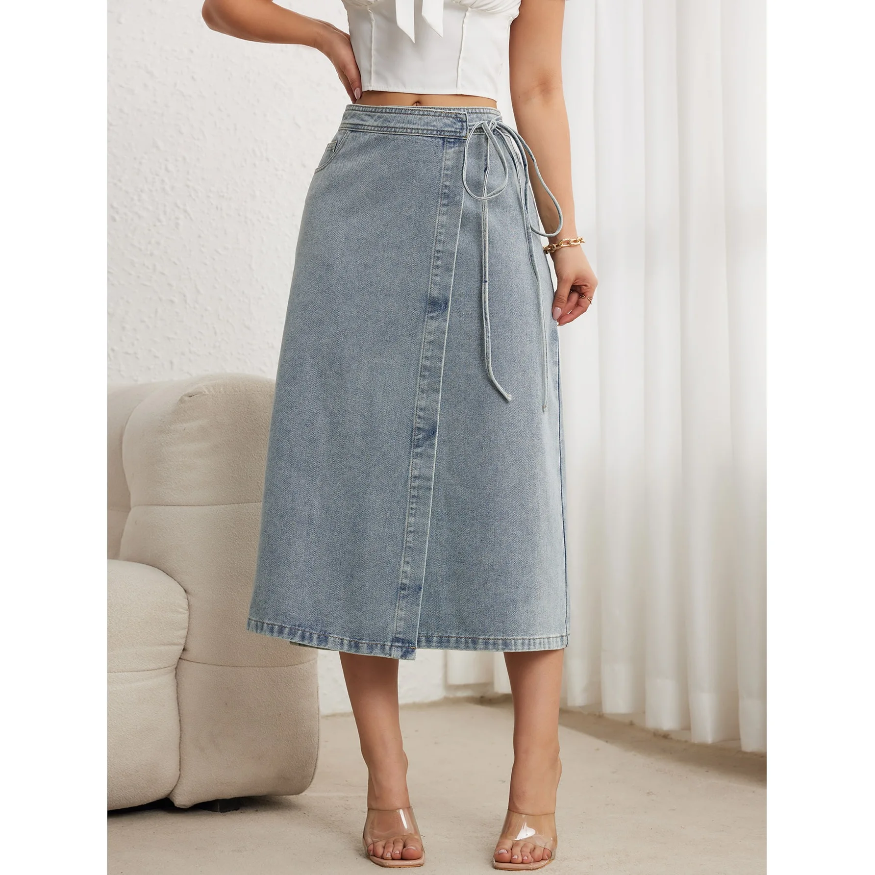 Women Light Blue Wrap Denim Mi - огляд і ціна Denim Skirt Midi Vintage
