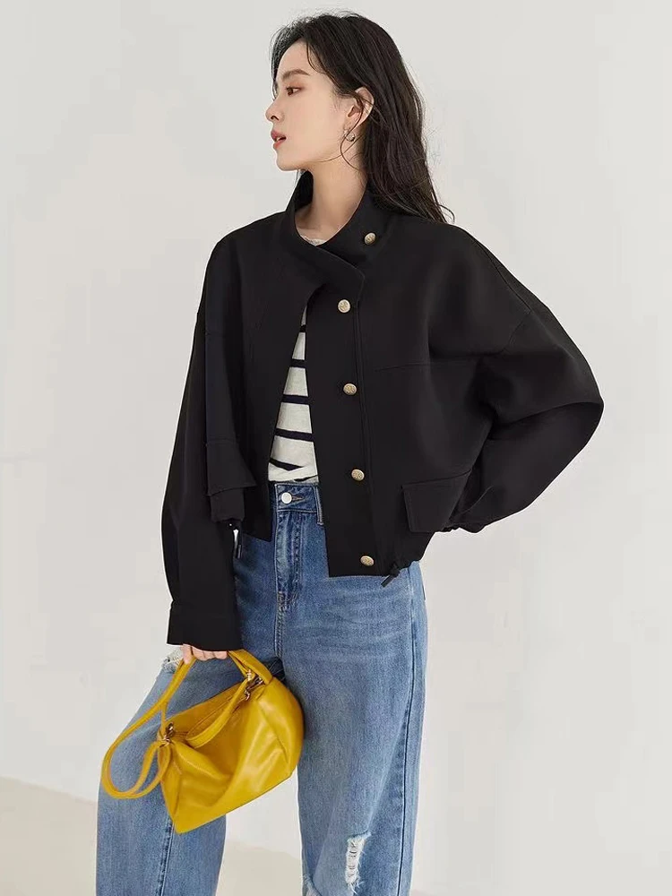 FSMG Women Korean Style Stand Collar Casual Jacket Comfortable Loose Fit Solid Color coat with Drawstring Hem for Spring/Autumn