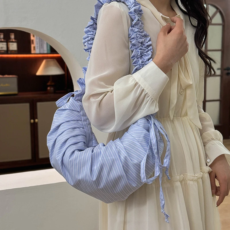 Gestreifte Plissee-Umhängetasche mit Kordelzug, koreanische weiche lässige Dumpling-Cloud-Tasche, Damen-Handtasche mit großer Kapazität und geringem Gewicht – Detail 10