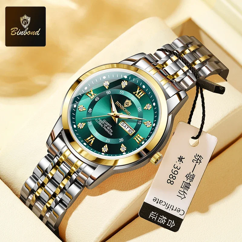

BINBOND брендовые модные трендовые женские часы, роскошные кварцевые водонепроницаемые часы, часы с датой недели, спортивные повседневные женские наручные часы