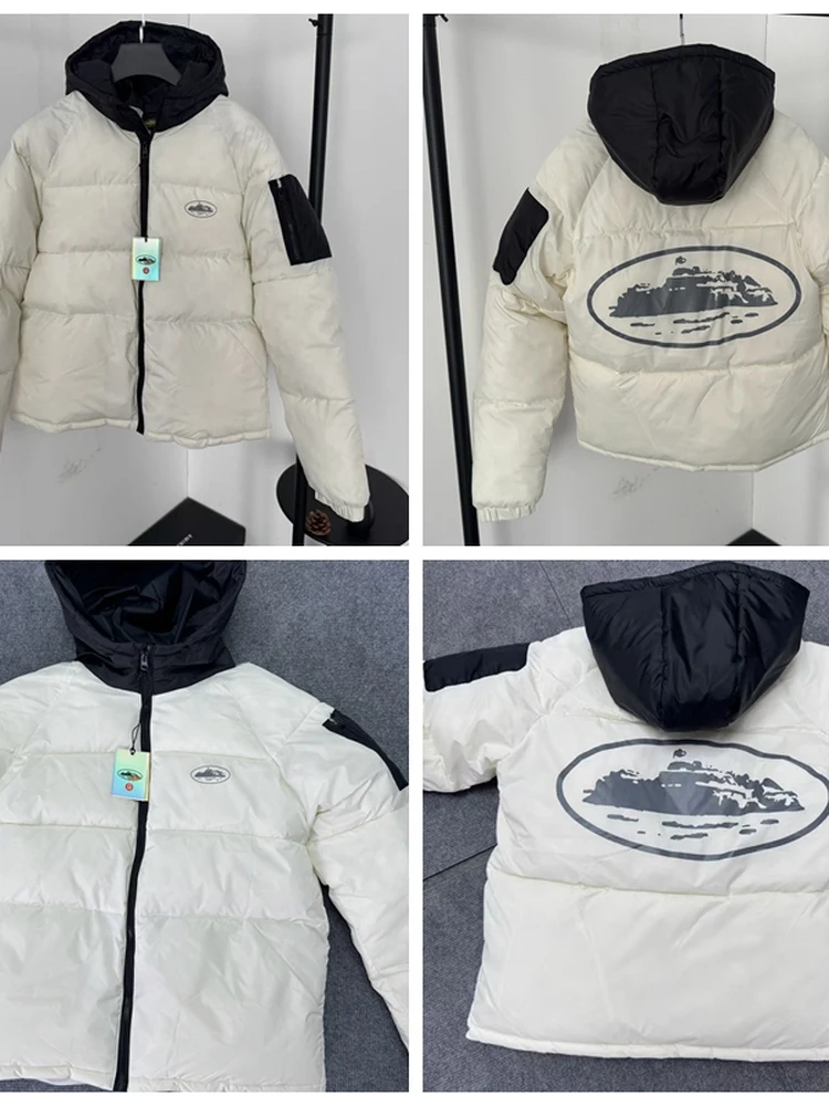 

Reflective Print Hooded down Cotton Jaet ex Thiened Long Sve Warm Casual Streetwear for Youth Spring Autumn