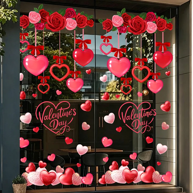 1 Pieza de Adhesivos para Ventanas de San Valentín con Cinta Roja, Diseño Romántico de Corazón, Adhesivos Estáticos Reutilizables de Doble Cara