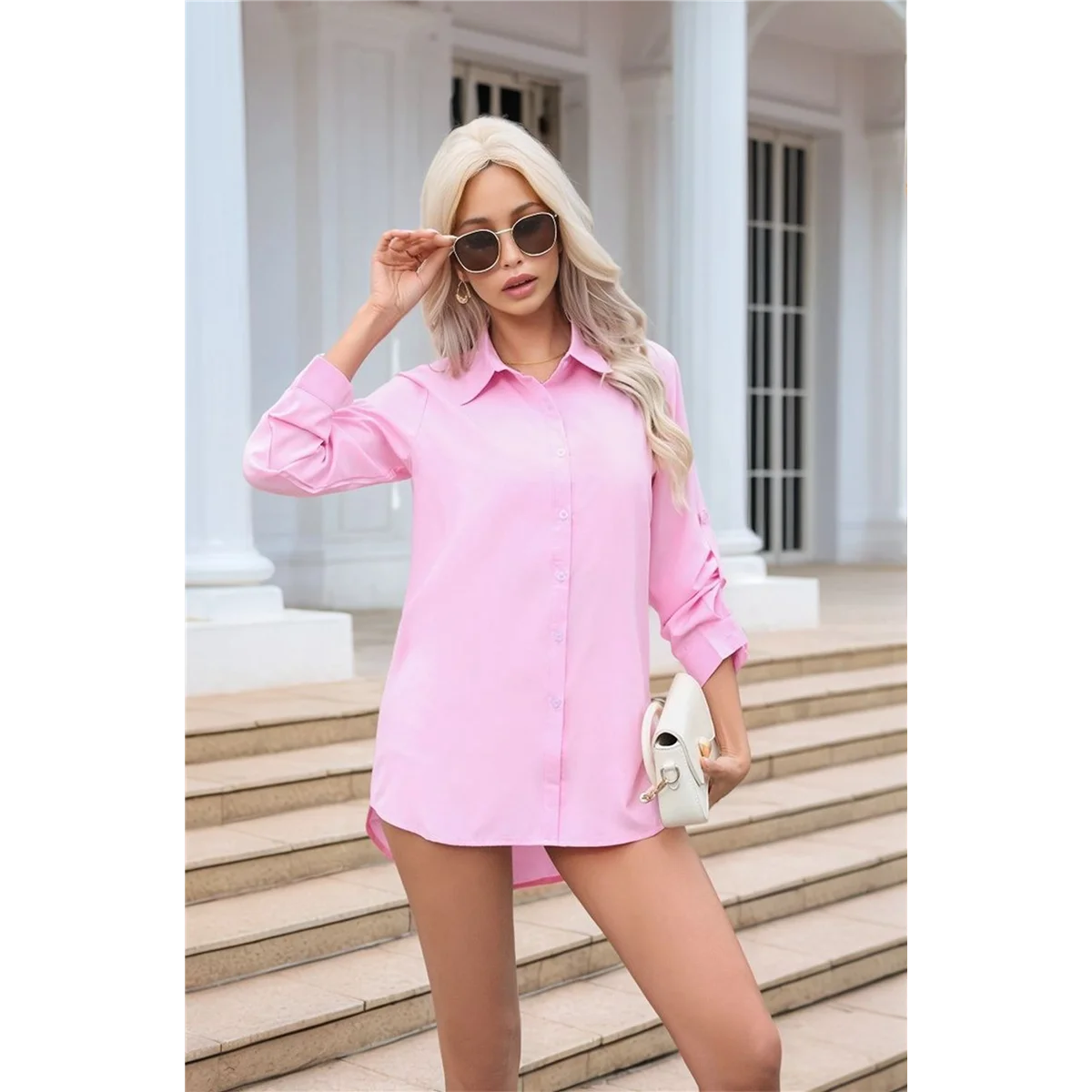 FZFZ المرأة تمتد زر أسفل قميص طويل الأكمام لينة الأساسية التجاعيد الحرة العمل الأعمال الرسمية عارضة بلوزة الوردي XXL