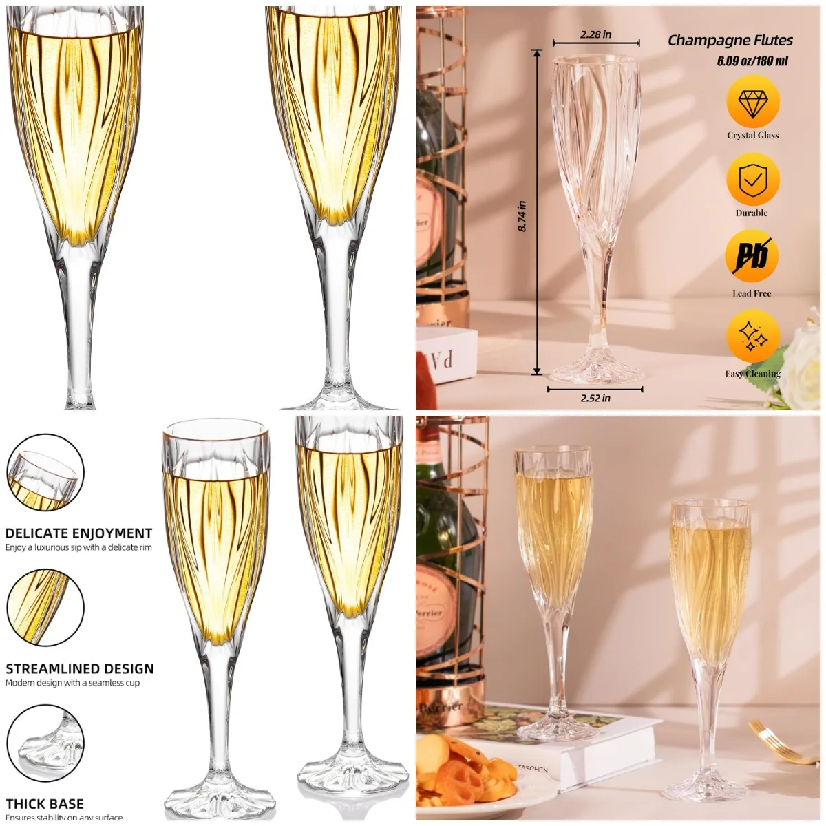 

Набор из 2 флейт для шампанского, хрустальные бокалы на 6,3 унции с длинной ножкой, прозрачный элегантный дизайн для свадьбы, вечеринки, дня рождения