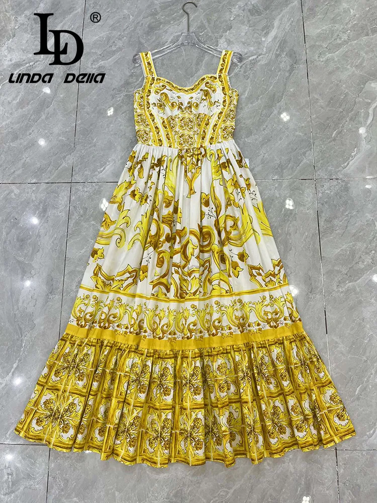 LD LINDA DELLA Fashion Designer Summer Dress Women Vintage Print Guipure Ruched Spaghetti Strap Temperament Elastic Waist Dress