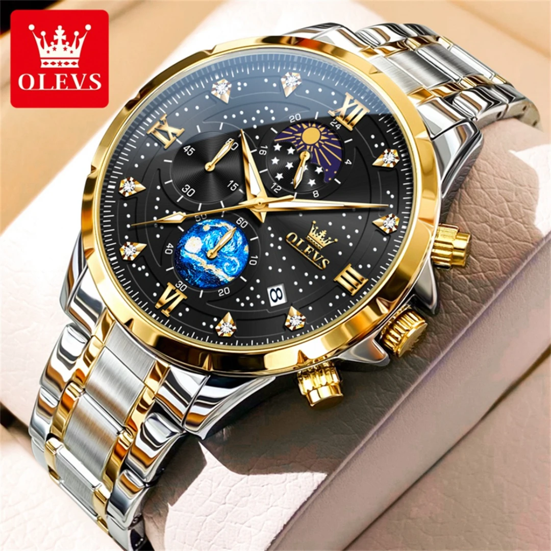 OLEVS 9807 Quartz Fashion Watch Gift Round-dial Stainless Steel Watchband Wristwatch Calendar Luminous Small second