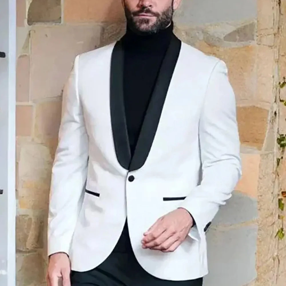 Luxury White Jacket for Male Black Shawl Lapel Single Breasted One Piece Men\'s Outerwear Formal Business Wedding Party Men Coat