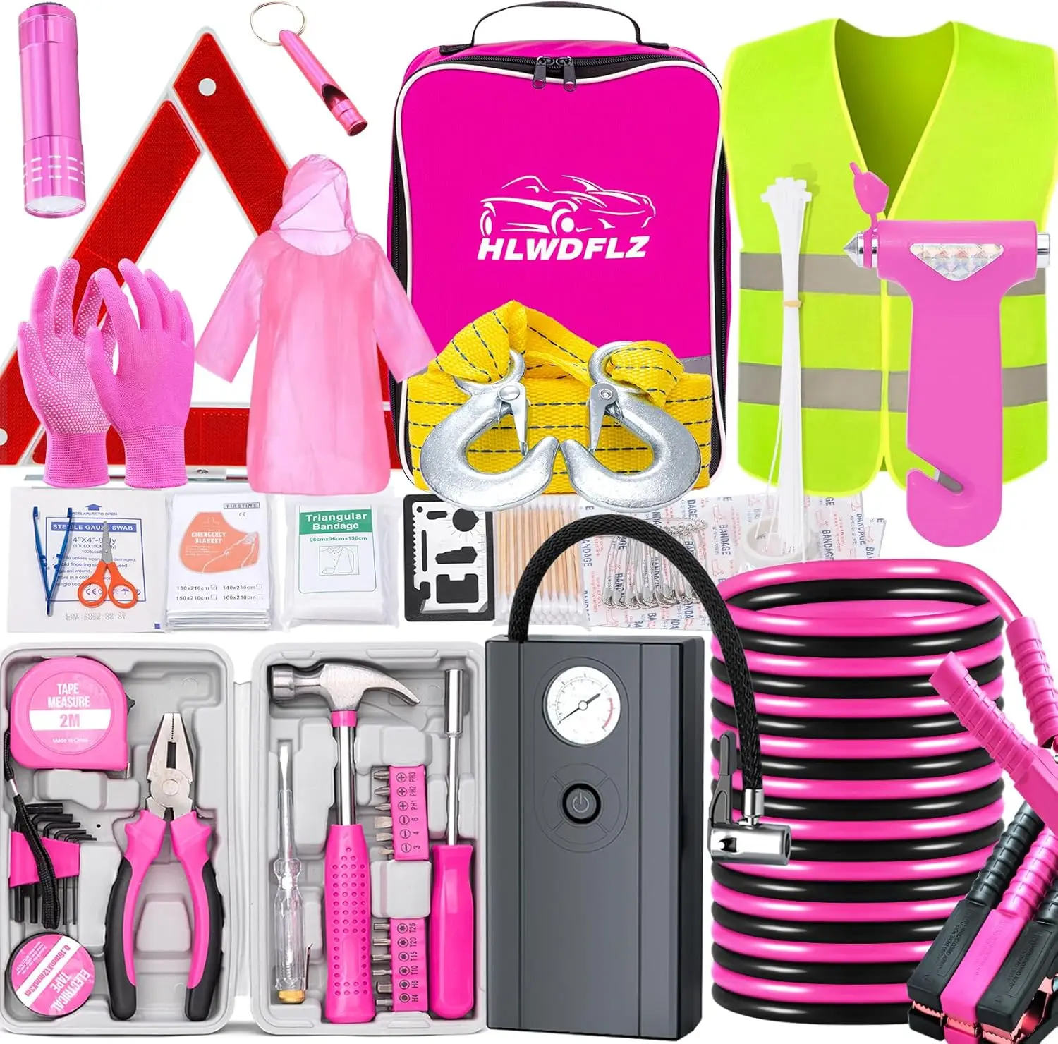 

Pink Car Emergency Kit with Jumper Cables & Tire Inflator for Roadside Safety Assistance