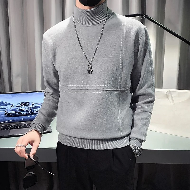 

Men's Autumn Winter Thickened Warm Knit Sweater High Neck Slim Fit Trendy Business Work Solid Jacquard Long Neck Base Layer Top