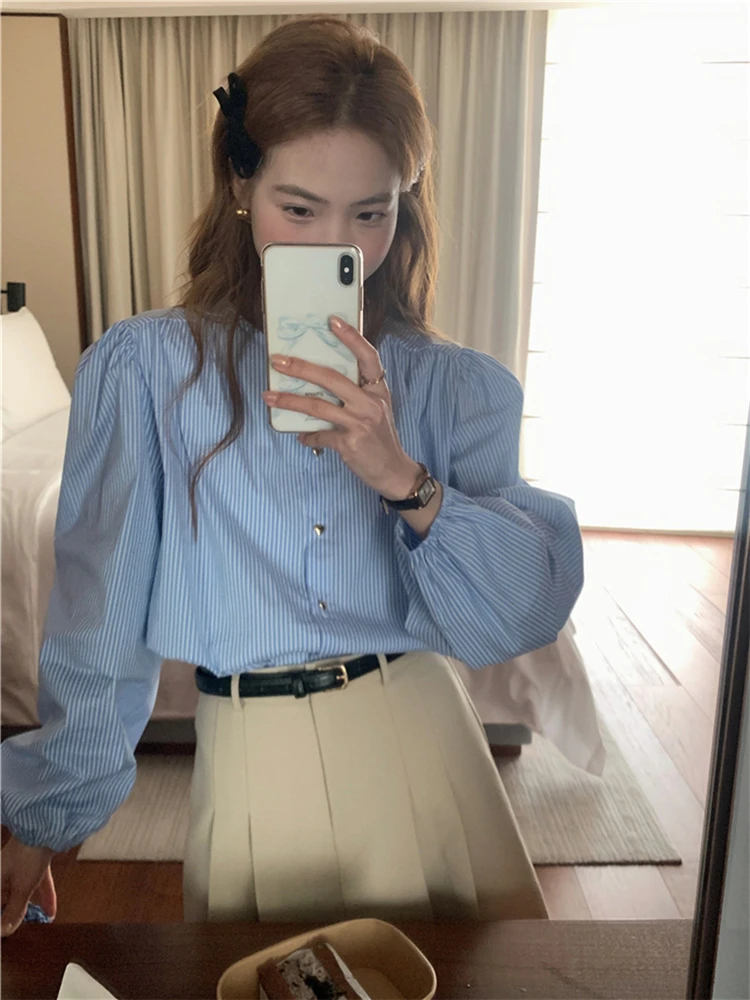 BL9961 New 2024 Korean Fashion Office Lady Puff Sleeve Striped Chic Oversized Women Blouses Shirts Vintage Elegant Lady Tops