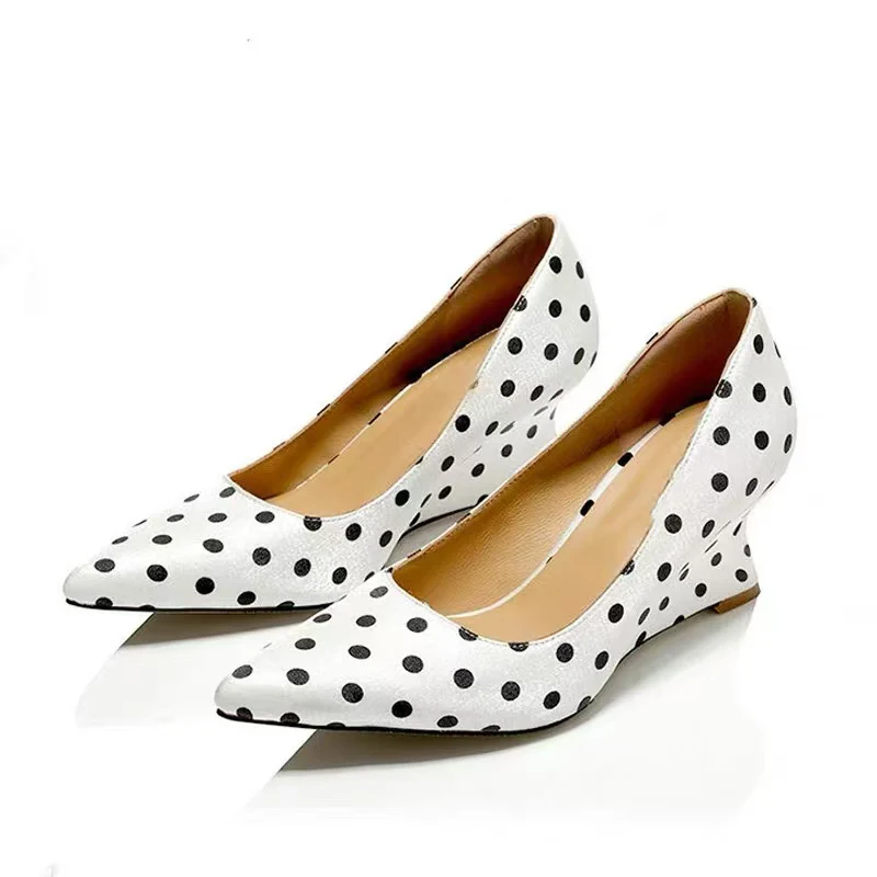 

Sexy Polka Dot Wedge Pointed High Heels Shallow Mouth Comfortable High Quality Single Shoes Luxury Designer Sandals For Women