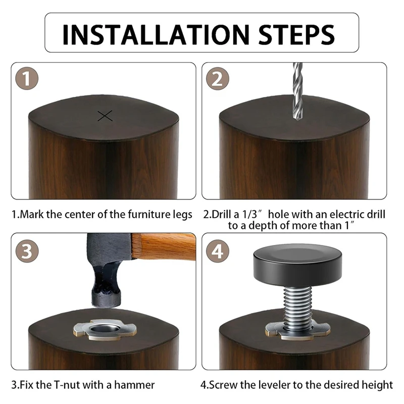 Pés de nivelamento de rosca MAKE-1/4 Polegada, niveladores de móveis de 16 PCS com porcas T, pés de móveis ajustáveis parafuso rosqueado em