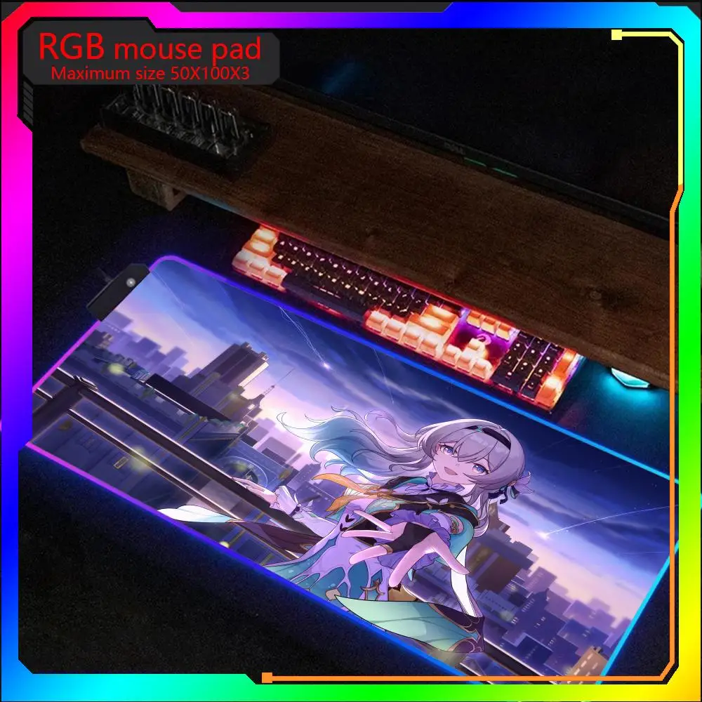 Honkai Star Rail Firefly RGB Mouse Pad Maximum size50x100 Gaming Mousepad Game Large LED Rubber Table Mat Laptop Desktop GamePad