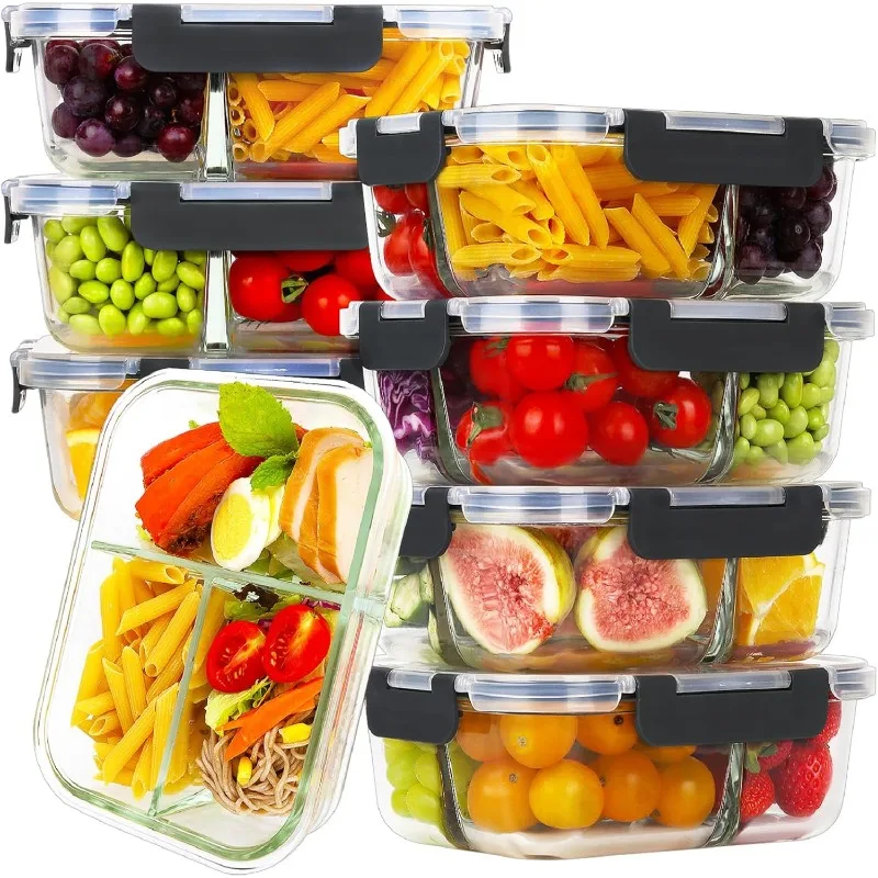 8 Pack Glass Meal Prep Containers 3 Compartment, 36oz Glass Food Storage Containers with Lids, Airtight Glass Lunch Bento Boxes