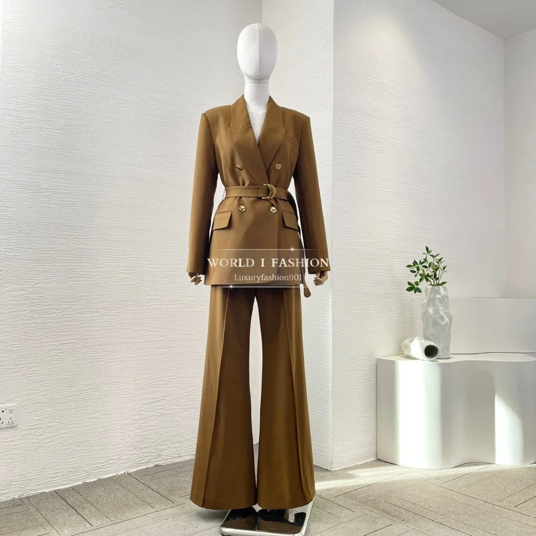 

2025 Women's Fashion Coffee Long Sleeve Suit Jacket and Pants Set