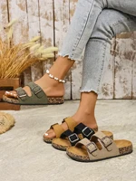 Women's Summer and Spring/Autumn Casual Simple Buckle Cork-Patterned Adjustable Pu Upper Flat Slip-On Double-Strap Sandals Beach Slippers for Home and Outdoor Use