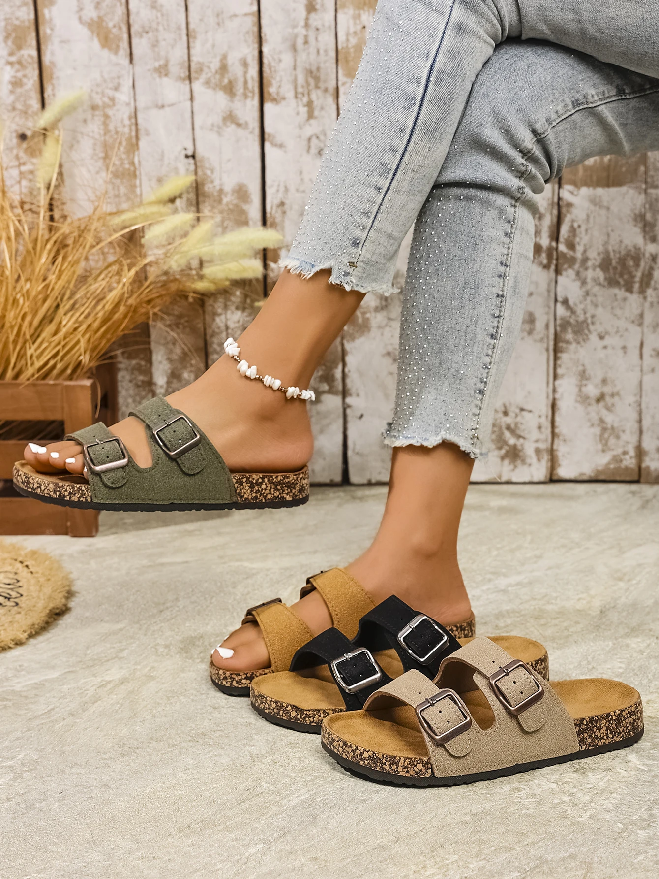 Women's Summer and Spring/Autumn Casual Simple Buckle Cork-Patterned Adjustable Pu Upper Flat Slip-On Double-Strap Sandals Beach Slippers for Home and Outdoor Use