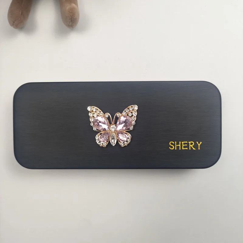 

Set with diamonds butterfl pattern Women Steel Leather Portable Hard Reading Glasses Box Eyeglass Case Spectacle Cases Girl Gift