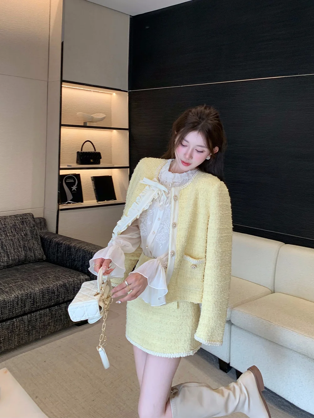 

NMIOK Yellow Small Fraance Sle Set Women's Long Sve Outerwear Skirt Two-Piece Suit Autumn Collection Wool Blend