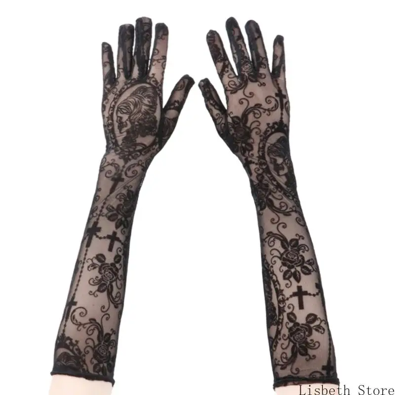 

124A модные кружевные перчатки с готическим мотивом скелета, аксессуар для костюма, идеально подходящий для ролевых игр и