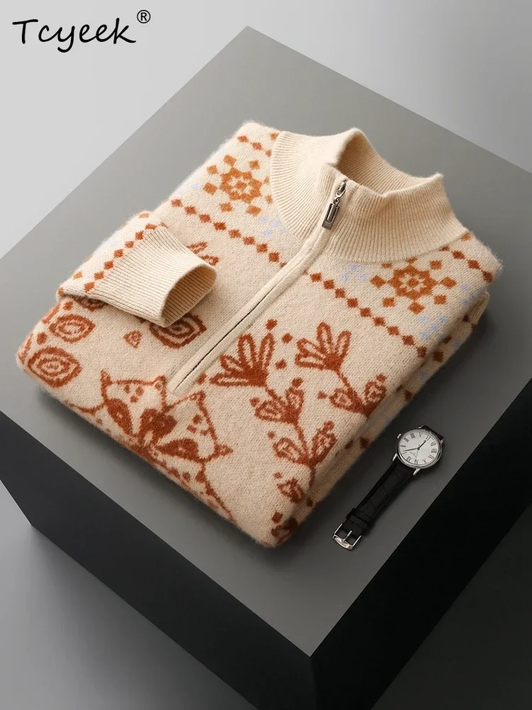 Vintage Autumn Winter Clothes Men's Sweater Pullover 100% Cashmere Sweater Half Open Collar Zip Thick Warm Jacquard Smart Casual