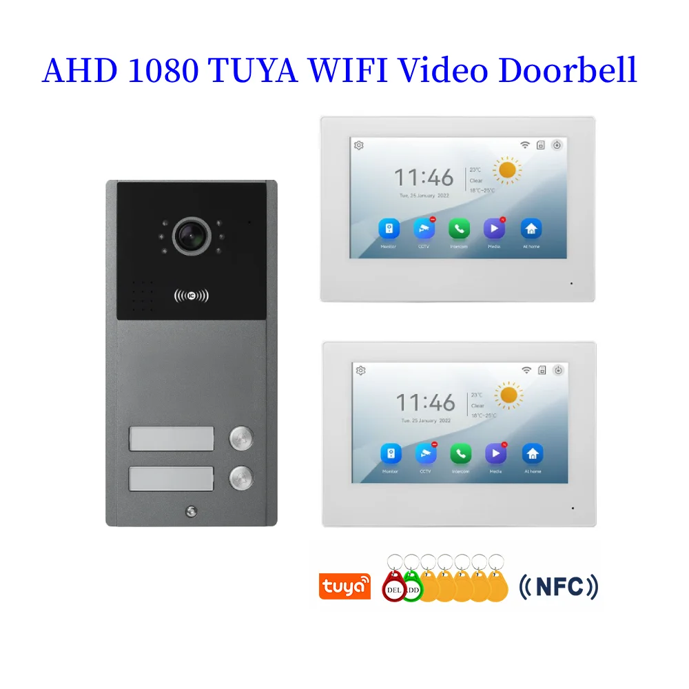 2 Units Tuya WiFi Video Doorbell Video Door Phone Intercom 4 Wire Cable Port RFID NFC Unlock Apartment Camera Doorbell Kits