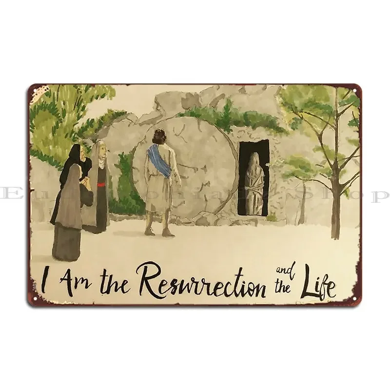Plaque Métallique « Je suis la Résurrection et la Vie » – Décoration Murale pour Maison, Bar, Cave – Affiche en Étain Effet Rouillé