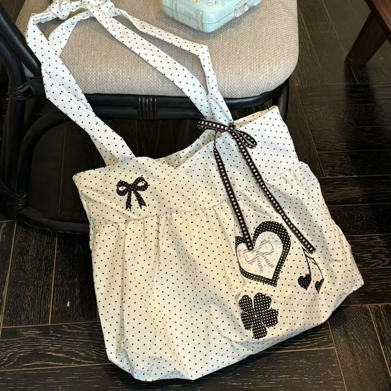 

Korean Polka Dot Shoulder Bag Women's Nylon Tote Bag Cute Bow Love Note Printed Tote Bag Skirt Design Magnetic Buckle ArmpitBags