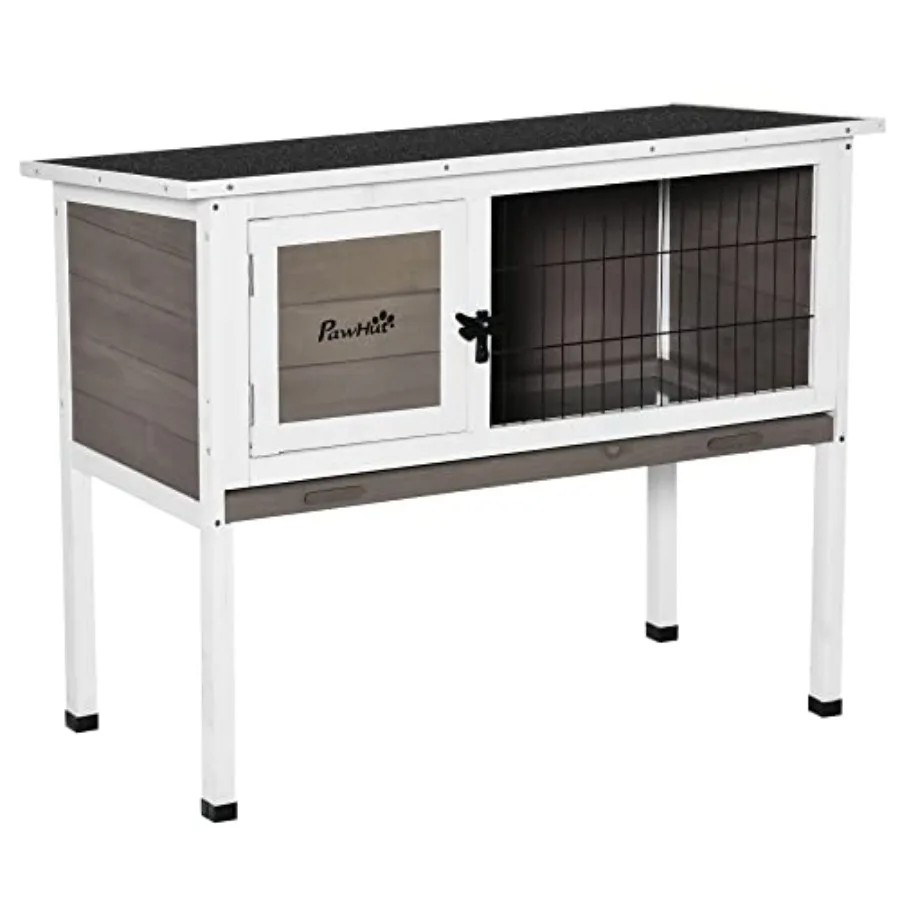 

Elevated Wooden Rabbit Hutch Indoor/Outdoor Bunny Cage with Hinged Asphalt Roof and Removable Tray for Guinea Pig Brown Durable