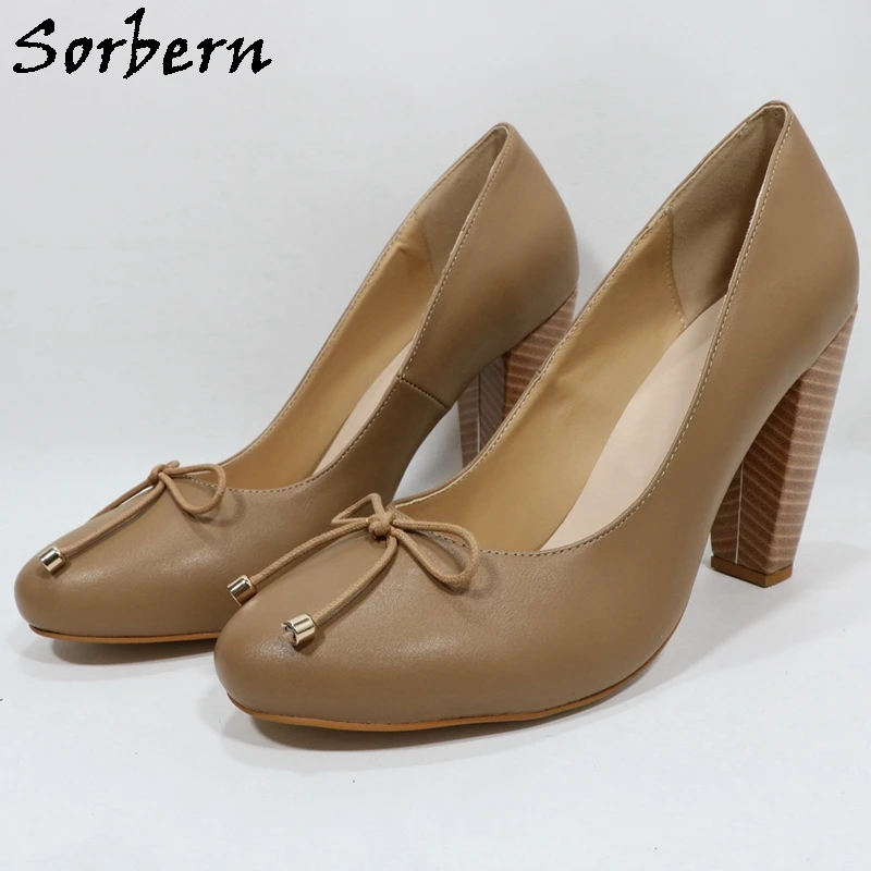 Sorbern Light Brown Women Pump Shoes Block High Heel Plus Size 46 47 48 Round Toe Bowknot Strings Slip On Chunky Heeled Custom