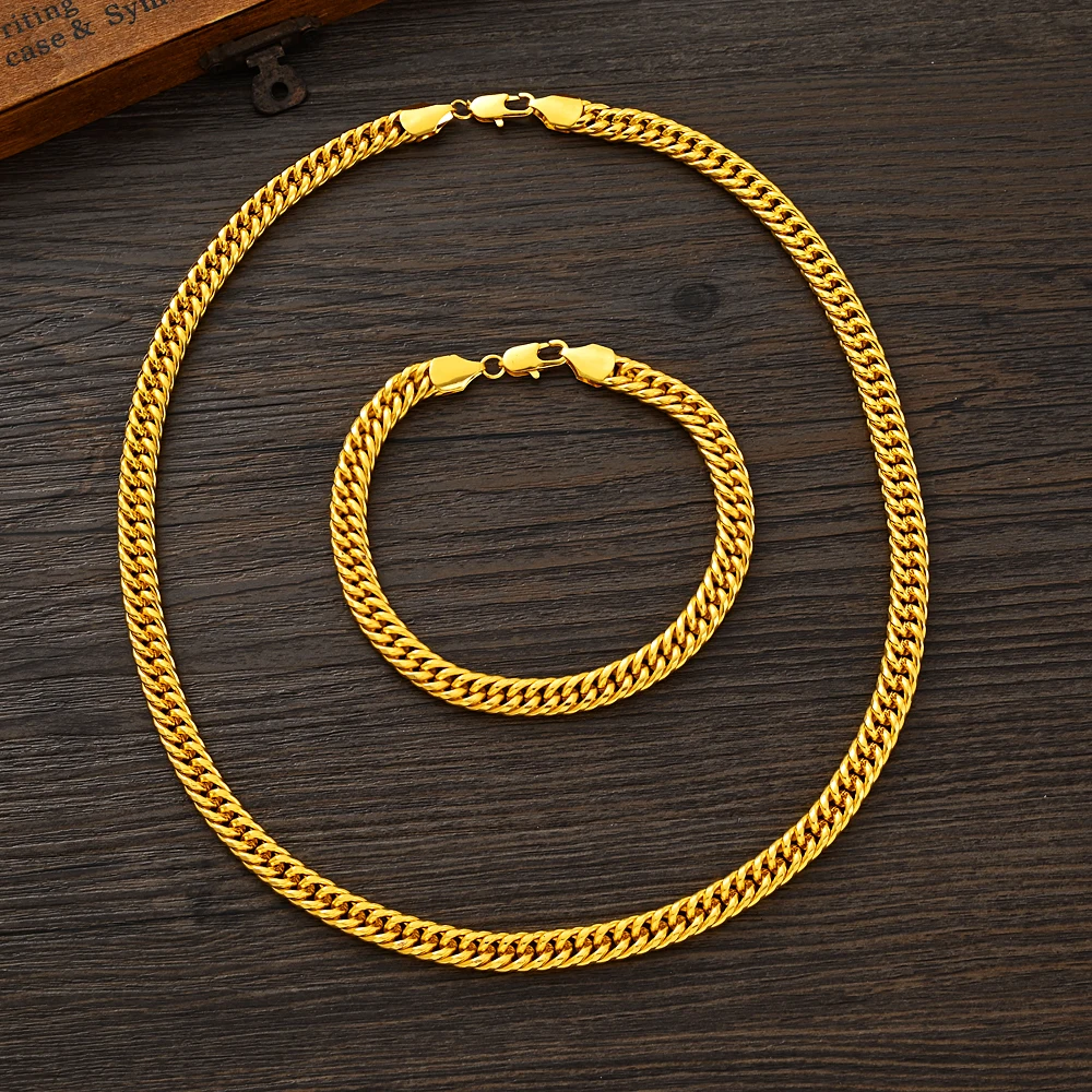 Bangrui Width 7mm Cuba Link Chain Gold Color Necklace&Bracelet for Men Women Jewelry Gift