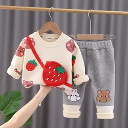 Winter Baby Girl Clothes 12 To 24 Months Cartoon O-neck Plush Velvet Long Sleeve Sweaters and Leggings Kids Set Christmas Outfit