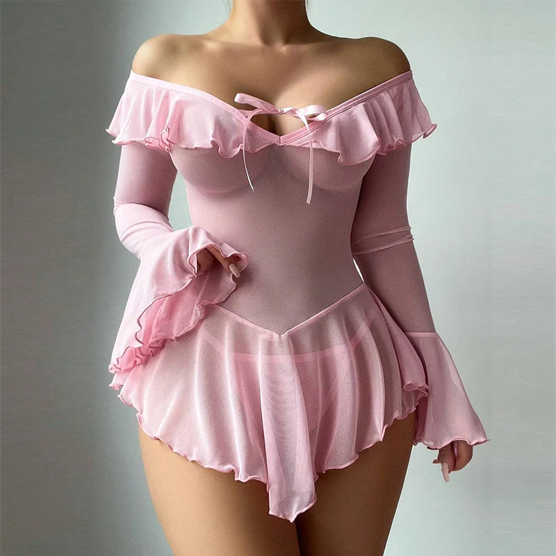 

Sexy One piece Pajamas Off Shoulder V-Neck Adult Rompers Long Sleeve Onesies Woman Mesh Sheer Sleepwear Jumpsuit Sexy Lingerie