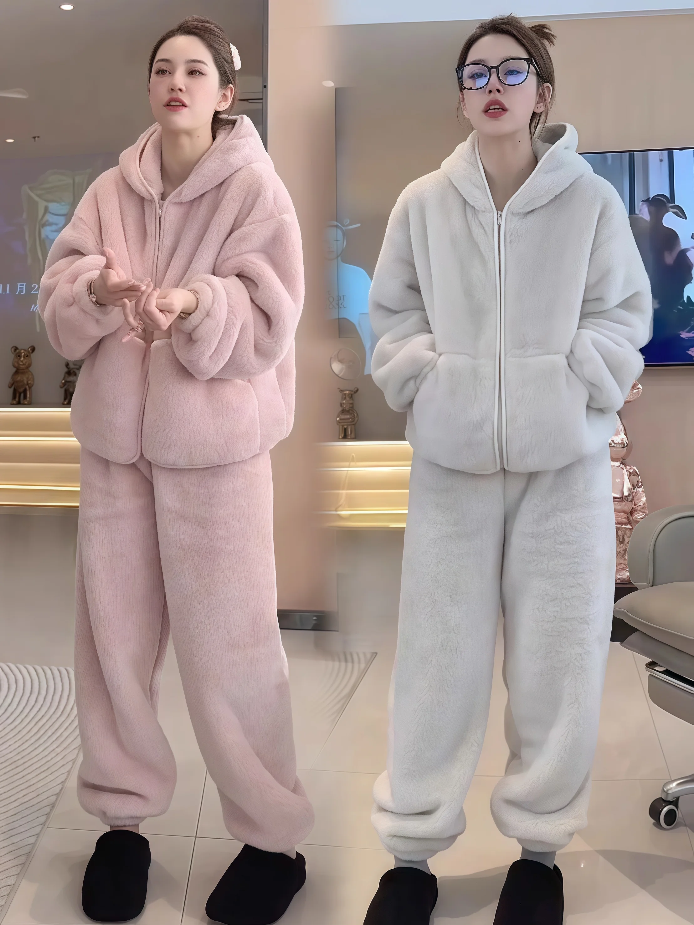 

Утепленный комплект для сна из кораллового флиса: женский зимний новый корейский модный свободный комплект из двух предметов с капюшоном, домашняя одежда с высокой талией