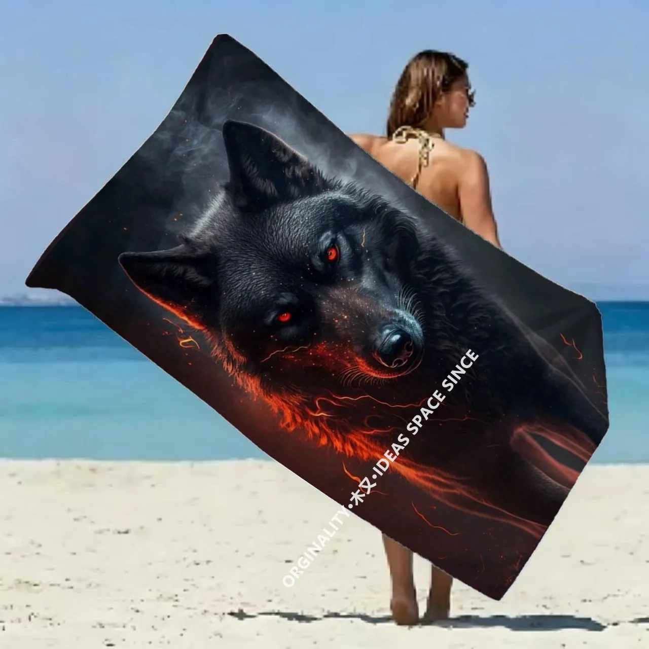 Dark Fiery Wolf Beach Towel Patterned Sunscreen And Windproof Suitable For Swimming Pool Camping Travel