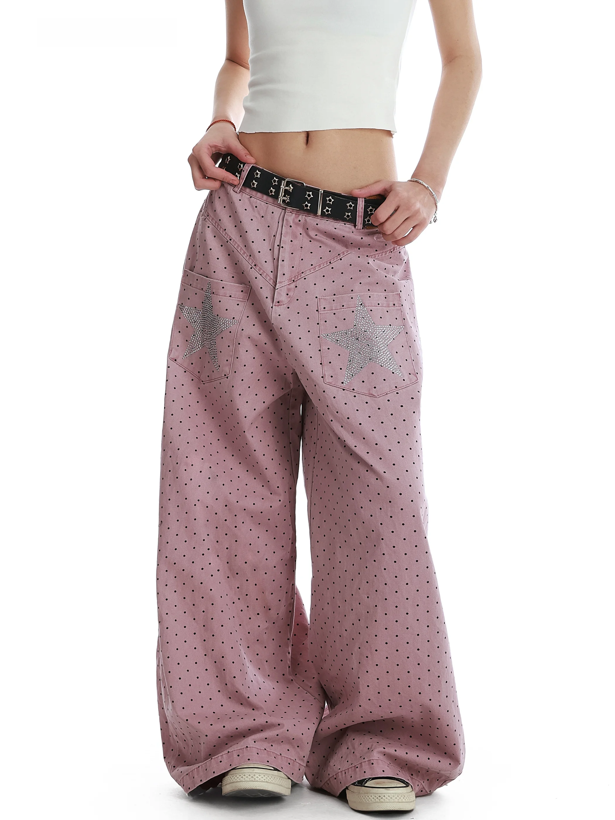 

American Sle Polka Dot Rhinestone Ba ket Casual Jeans Women Loose Long Pants Versatile Floor Length Leisure Trousers