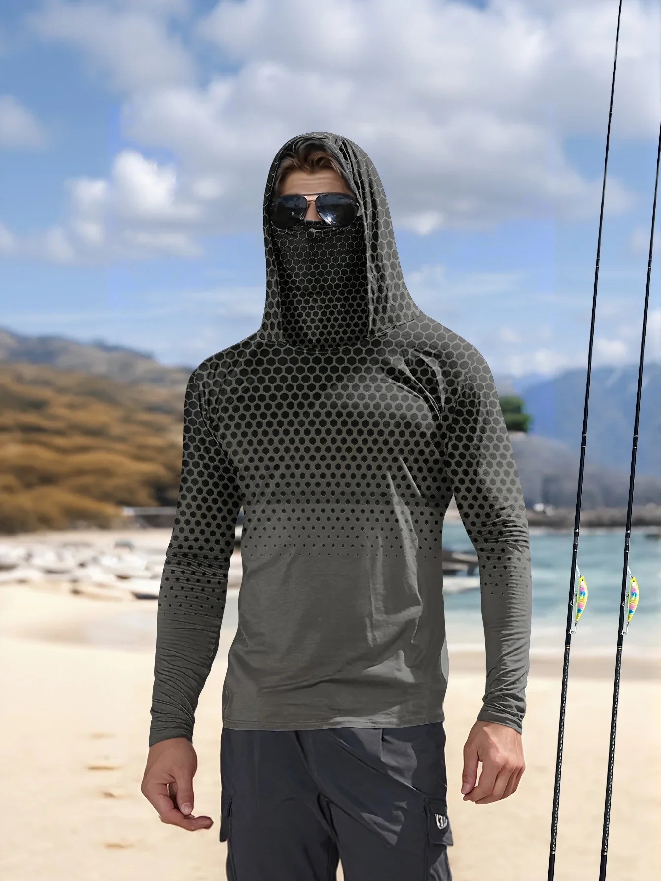 Herren Sommer UPF50+ Angel-Hoodie mit Gesichtsmaske, Grauer Wabenmuster-Druck, Schnelltrocknend, Atmungsaktiv, Langarm-Angelhemd – Detail 7