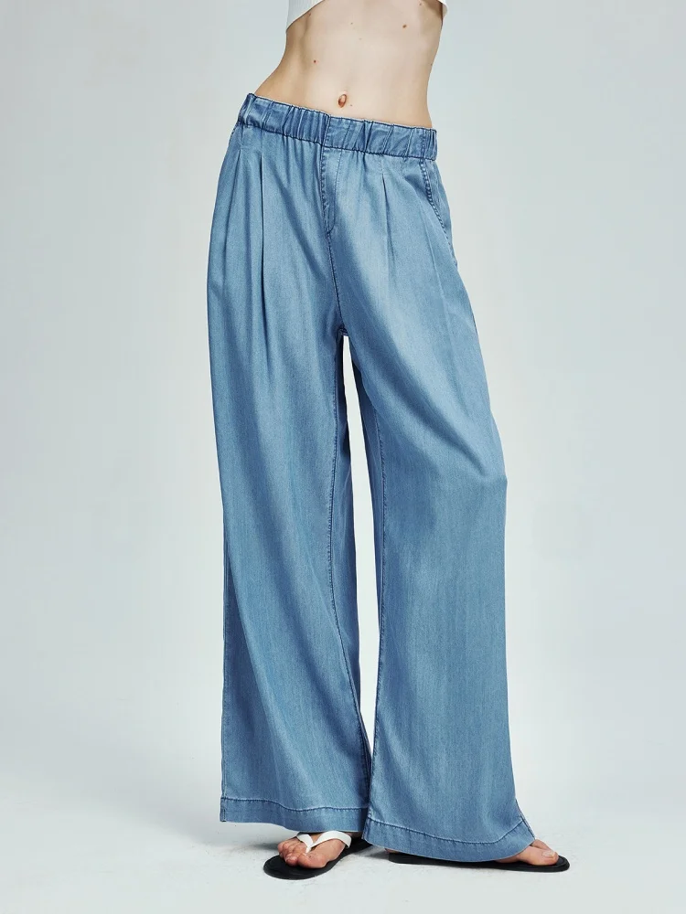 

UZZO Air God Pants Acetate American Retro Waed Elastic Waist Pleated Wide Leg Straight Jeans Casual High Waist Zipper