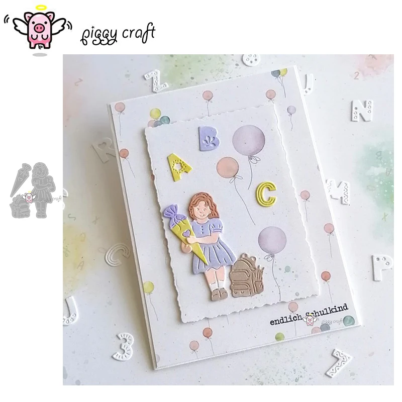 Piggy Craft Metall-Stanzformen, geschnittene Matrizenform, Mädchen, Süßigkeiten, Schultasche, Sammelalbum, Papier, Basteln, Messerform, Klingenstanzer, Schablonen