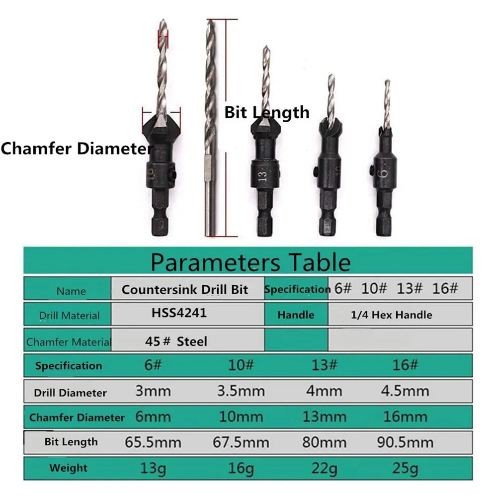 STONEGO 4Pcs Conical Countersink Drill Woodworking Countersunk Chamfering Set Conical Twist Drill Opening Chamfering Drill