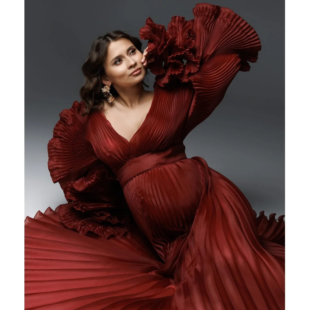 

Burgundy Pleat Prom Dresses Plus Size Long Sleeves Maternity Photoshoot Dress Customized Floor Length vestido de novia