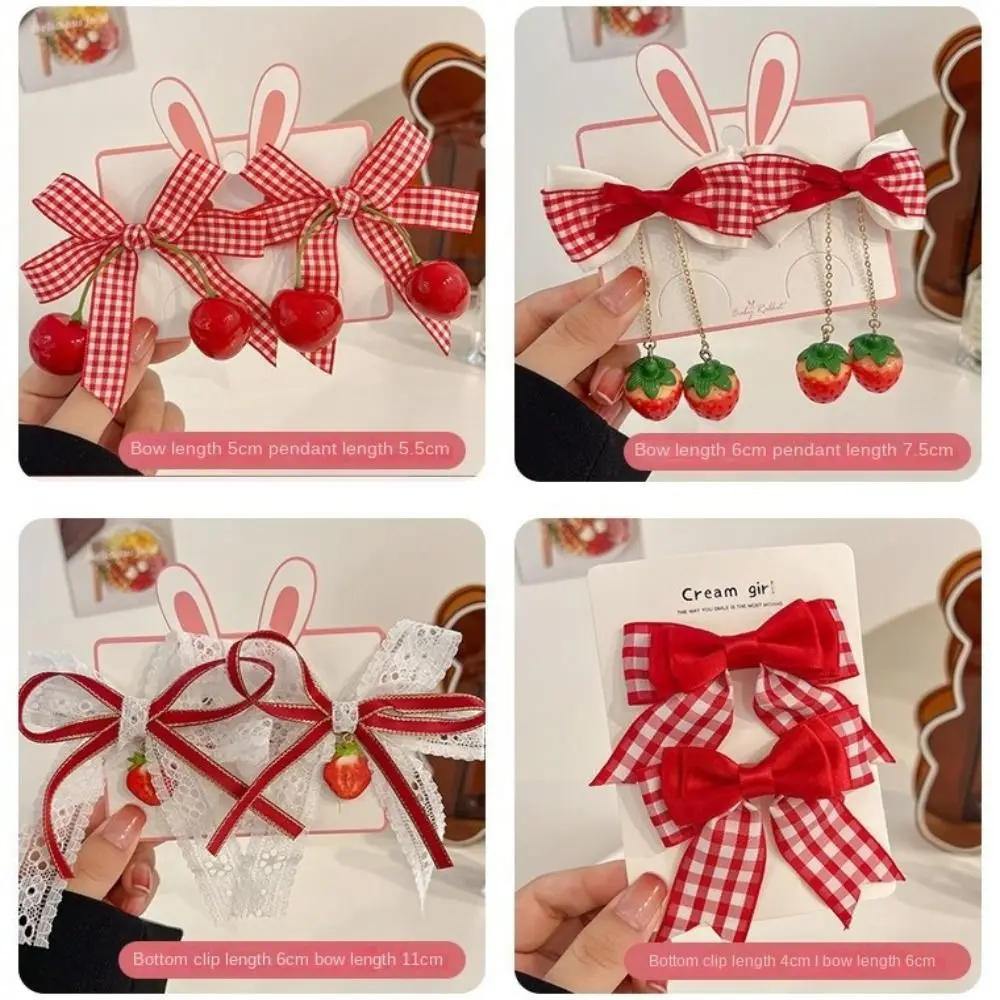 1pair Red Cherry Hair Clip Cute Barrettes Headwear Cloth Bow Strawberry Side Hairpins Headflower Bow Hairpins Girls