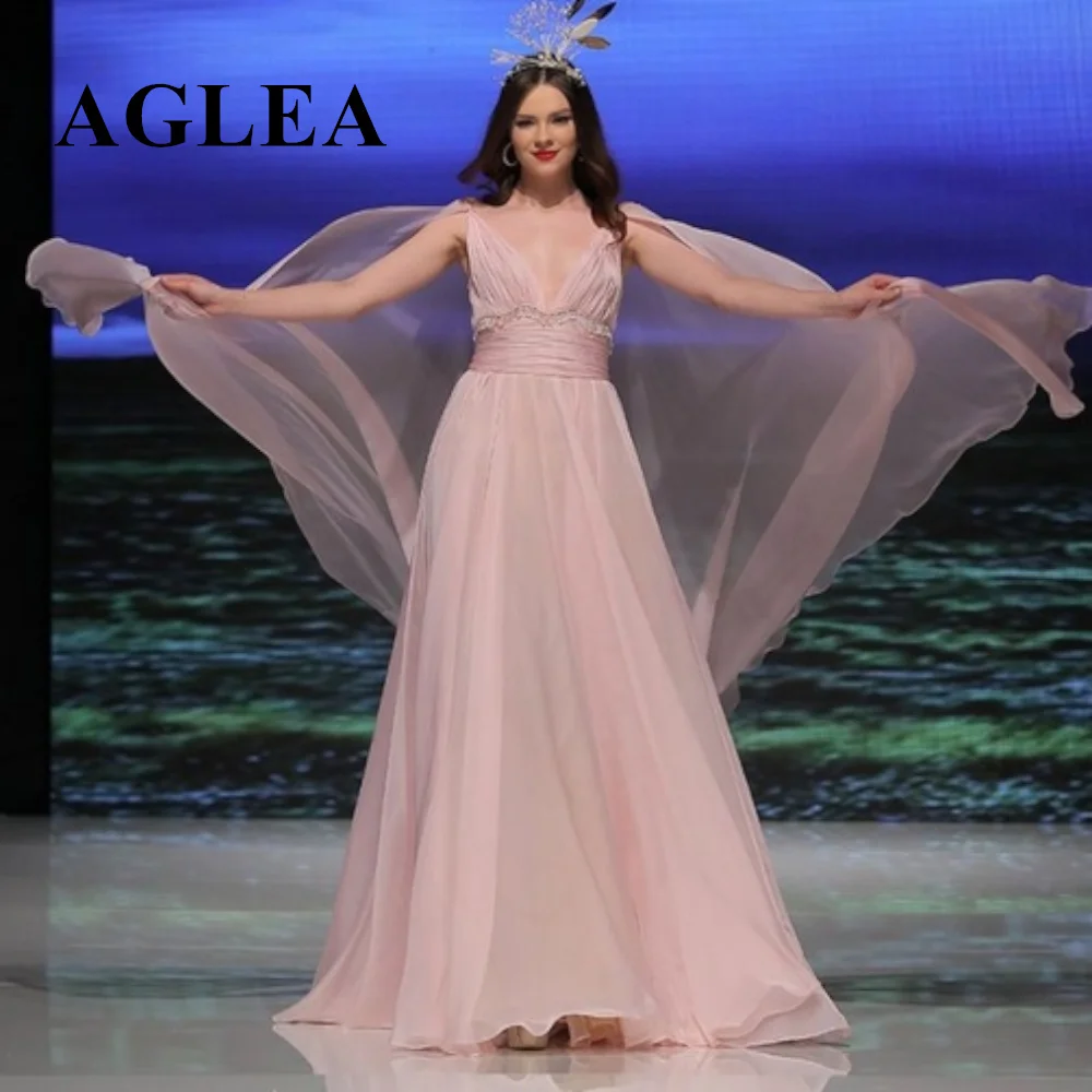 Vestidos de graduación largos con cuello en V para mujer, línea A, plisado, hasta el suelo, cremallera trasera, Sexy